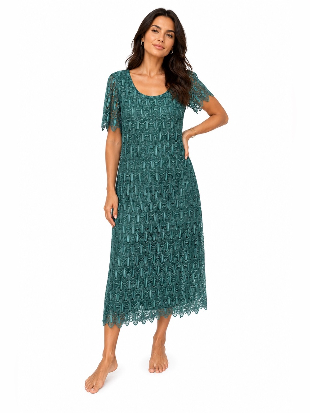 Vintage Evening’s Emerald Green Lace Midi Dress Art Deco Style